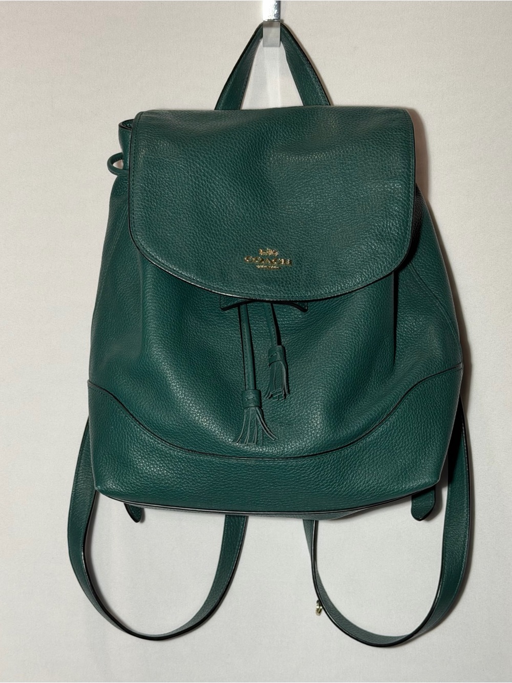 **Coach** Green Pebbled Leather Elle Backpack with Tassel Drawstring